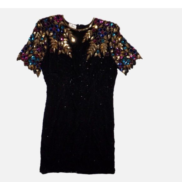 Vintage Stenay Sequined Glass Beaded Party Holiday Dress Size 16 - Picture 8 of 11